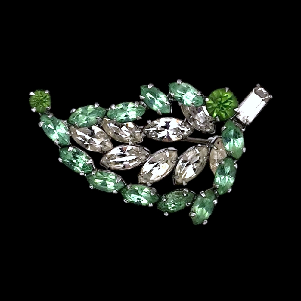 Vintage Peridot Green and Clear Rhinestone Leaf Brooch, Shadowbox Style!